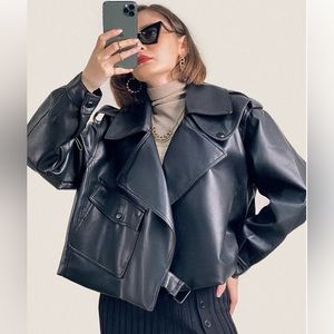 J. ING Black Vegan Leather Biker Jacket Size S/M